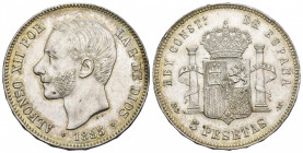 ALFONSO XII. 5 pesetas 1885 *18-87. Madrid. MSM. AR 24,95 g. 37,8 mm. VII-93. Hojita. R.B.O. EBC/EBC-.
