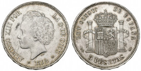 ALFONSO XIII. 5 pesetas. 1892* 18-92. Madrid. PGM. AR 24,95 g. 37,68 mm. VII-184. Pequeñas marcas. R.B.O. EBC.