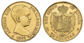 ALFONSO XIII. 20 pesetas. 1889 *18-89. Madrid. MPM. AU 6,46 g. 21,26 mm. VII-194. Limpiada. EBC-.