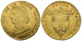 MONEDAS EXTRANJERAS. COLOMBIA. 16 pesos. 1846. Popayán. UE. AU 26,87 g. 35,7 mm. KM-94.2. Grafito en rev. Golpes en canto. MBC-.