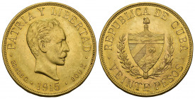 MONEDAS EXTRANJERAS. CUBA. 20 pesos. 1915. AU 33,47 g. 34,1 mm. KM-21. B.O. EBC/EBC+.