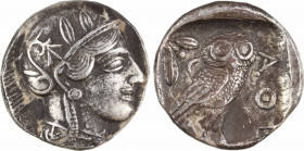 Attique, Athènes, tétradrachme, c.480-400 av. J.-C
A/Anépigraphe
Tête d'Athéna à droite, coiffée du casque à aigrette, orné sur le devant de trois f...