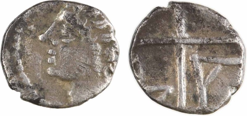 Massalia, obole au type d'Apollon, c.350-220 av. J.-C
A/Anépigraphe
Tête d'Apo...