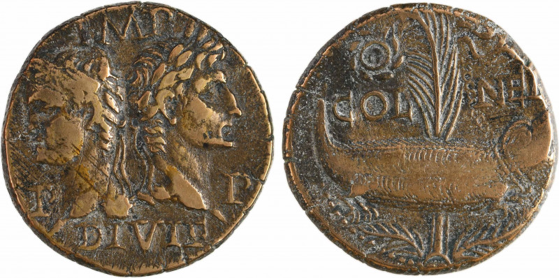 Nîmes, Auguste et Agrippa, as, Nîmes, c.10-14
A/IMP/ DIVI F/ P-P
Têtes adossée...