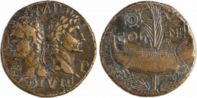 Nîmes, Auguste et Agrippa, as, Nîmes, c.10-14
A/IMP/ DIVI F/ P-P
Têtes adossées d'Agrippa coiffé de la couronne rostrale à gauche et d'Auguste lauré...