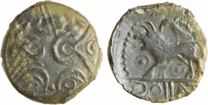 Carnutes, bronze KONAT au lion à gauche, 60-40 av. J.-C
Tête laurée dégénérée à...