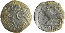 Carnutes, bronze KONAT au lion à gauche, 60-40 av. J.-C
Tête laurée dégénérée à droite, imité du statère à l'œil
R/KONAT
Lion avançant à gauche ave...