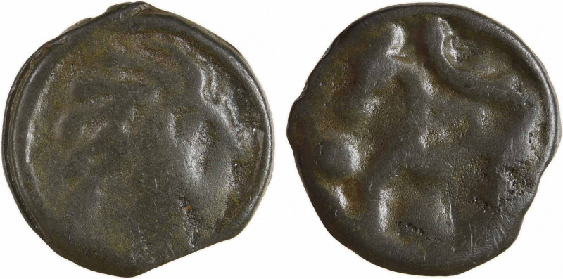 Sénons, potin dit à la tête d'indien, 52-40 av. J.-C
A/Anépigraphe
Profil à dr...