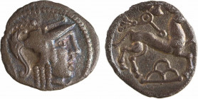 Aulerques Cénomans (ou Carnutes), denier à la tête de Pallas à droite, c.80-50 av. J.-C
Tête de Pallas à droite avec casque corinthien
Cheval galopa...