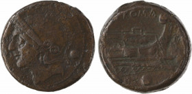 République romaine, anonyme, once, Rome, 217-215 av. J.-C
A/Anépigraphe
Tête casquée de Rome à gauche, avec casque attique ; derrière, un globule
R...