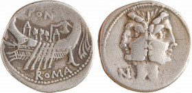 Fonteia, denier, Rome, 114-113 av. J.-C
Tête laurée de Janus ; en dessous, N en monogramme
R/FON/ ROMA
Galère voguant à droite ; en dessous, lettre...