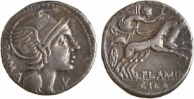 Flaminia, denier, Rome, c.109-108 av. J.-C
A/ROMA
Tête casquée de Roma à droite ; devant, la lettre X
R/L FLAMINI/ CILO
La Victoire dans un bige à...