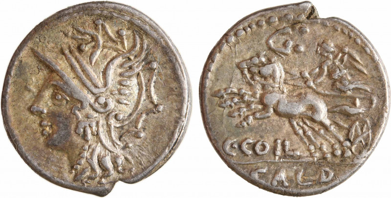 Coelia, denier, Rome, 104 av. J.-C
A/Anépigraphe
Tête casquée de Roma à gauche...