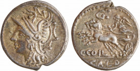 Coelia, denier, Rome, 104 av. J.-C
A/Anépigraphe
Tête casquée de Roma à gauche
R/C COIL/ CALD
La Victoire dans un bige à gauche ; au-dessus, la le...