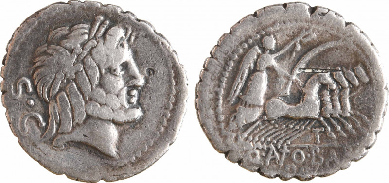 Antonia, denier serratus, Rome, 83 av. J.-C
A/S C
Tête laurée de Jupiter à dro...