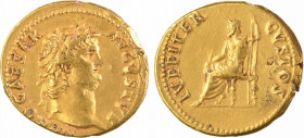 Néron, aureus, Rome, 64-65
A/NERO CAESAR AVGVSTVS
Tête laurée à droite
R/IVPPITER CVSTOS
Jupiter à demi-nu, assis à gauche, tenant un foudre et un...