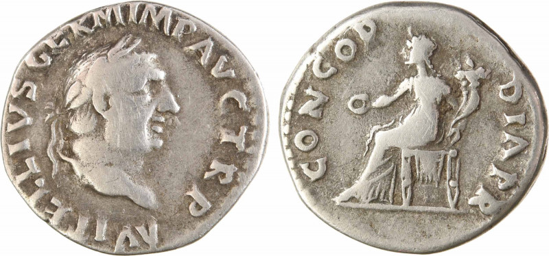 Vitellius, denier, Rome, avril-mai 69
A/A VITELLIVS GERM IMP AVG TRP
Tête laur...