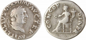 Vitellius, denier, Rome, avril-mai 69
A/A VITELLIVS GERM IMP AVG TRP
Tête laurée à droite
R/CONCOR-DIA PR
La Concorde assise à gauche, tenant une ...