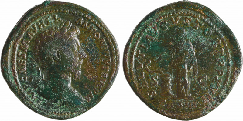 Marc Aurèle, sesterce, Rome, 162-163
A/IMP CAES M AVREL ANTONINVS AVG P M
Bust...