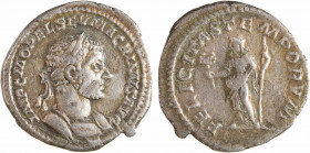 Macrin, denier, Rome, 217-218
A/IMP C M OPEL SEV MACRINVS AVG
Buste lauré et drapé à droite, vu de trois quarts en avant
R/FELICITAS TEMPORVM
La F...