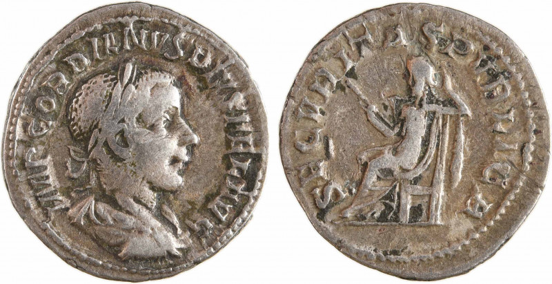 Gordien III, denier, Rome, 240
A/IMP GORDIANVS PIVS FEL AVG
Buste lauré à droi...