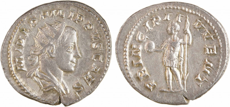 Philippe II César, antoninien, Rome, 246
A/M IVL PHILIPPVS CAES
Buste radié à ...