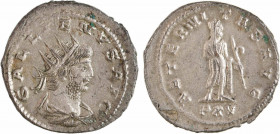 Gallien, antoninien, Antioche, 267
A/GALLIENVS AVG
Buste radié à droite, drapé et cuirassé, vu de trois quarts en arrière
R/AETERNITAS AVG/ PXV
Sa...
