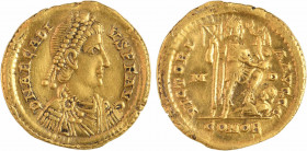 Arcadius, solidus, Milan, 394-395
A/D N ARCADI-VS P F AVG
Buste diadémé à droite, drapé et cuirassé, vu de trois quarts en avant
R/VICTORI-A AVGGG/...