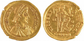 Honorius, solidus, Milan, 402-406
A/D N HONORI - VS P F AVG
Buste diadémé à droite, drapé et cuirassé, vu de trois quarts en avant
R/VICTORI - A AV...