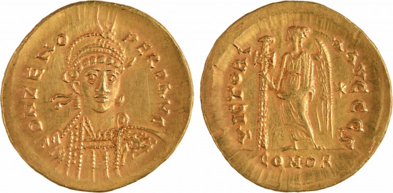 Zénon, solidus, Constantinople, 476-491
A/D N ZENO PERP AVG
Buste casqué, diad...