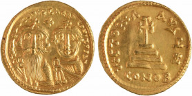 Constant II et Constantin IV, solidus, Constantinople, 2e officine, 654-659
A/d N CONSTANTINVS C CONSTANTI
Bustes de Constant II et de Constantin IV...