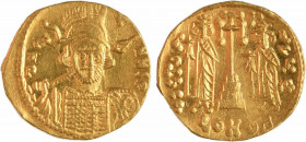 Constantin IV, avec Héraclius et Tibère, solidus, Constantinople, 9e officine, 674-681
A/DN - T - NUS P
Buste casqué et diadémé de face, avec cuiras...