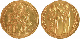 Romain III, histamenon nomisma, Constantinople, 1028-1034
A/+ IhS XIS REX RESNANTIhm
Le Christ nimbé, assis de face, bénissant de la main droite et ...