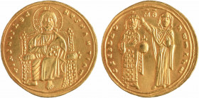 Romain III, histamenon nomisma, Constantinople, 1028-1034
A/+ IhS XIS REX RESNANTIhm
Le Christ nimbé, assis de face, bénissant de la main droite et ...