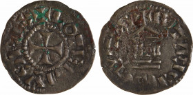 Lothaire II, denier, Bourges
A/+ LOTERIVS REX
Croix
R/BITVRICES CIVITAS
Temple
TTB, Argent, 19,5 mm, 1,14g, 1 h
D.206 (310 ex.)
MG.1672
P.755