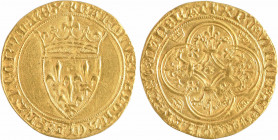 Charles VI, écu d'or à la couronne, 3e ou 4e émission Rouen
A/+ KAROLVSx DEIx GRACIAx FRANCORVMx REX, ponct. par deux sautoirs superposés
Écu de Fra...