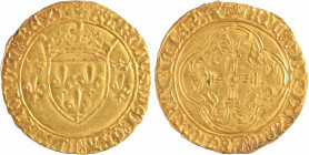 Charles VII, écu d'or à la couronne 3e type, 6e émission, Tours
A/(couronnelle) KAROLVS: DEI GRA: FRANCORVM: REX (tour)
Écu de France couronné, acco...