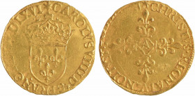 Charles IX, écu d'or au soleil, 1566 Paris
A/(à 12 h.) CAROLVS VIIII D (différent) G FRANC REX (date)
Écu de France couronné, sous un soleil
R/(à 1...
