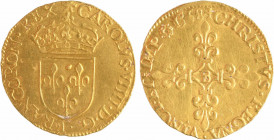 Charles IX, écu d'or au soleil, 1568 Rouen
A/CAROLVS. VIIII. D. G. FRANCORON. REX
Écu de France couronné, sous un soleil
R/+ CHRISTVS. REGNA. VINCI...