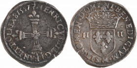 Henri III, quart d'écu croix de face, 1587 Toulouse
A/(différent) HENRICVS III D G. FRAN. ET. POL REX (différent) (date)
Croix fleurdelisée avec fle...