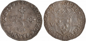 Charles X, huitième d'écu, croix de face, 1590 Rouen
A/+ CAROLVS. X. D: G. FRANCO. REX (différent) (date)
Croix fleurdelisée
R/(à 6 h.) SIT. NOMEN....