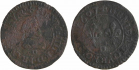 Henri IV, denier tournois, avec deux fois le différent d'atelier, 1607 Lyon
A/(à 12 h.) + HENRI. IIII. R. D. FRAN. ET. NAVAR.
Buste à droite du Roi,...