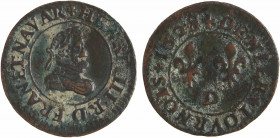 Henri IV, denier tournois, 1608/07 Lyon
A/(à 12 h.) + HENRI. IIII. R. D. FRAN. ET. NAVAR
Buste à droite du Roi, lauré et cuirassé
R/+ DENIER + TOVR...