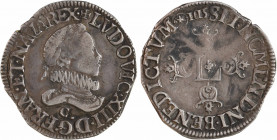 Louis XIII, demi-franc 4e type, 1615 Saint-Lô
A/(à 12 h.) + LVDOVIC. XIII. D: G. FRAN. ET. NAVA. REX
Buste à droite du Roi, lauré et cuirassé avec f...