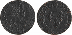 Louis XIII, double tournois 19e type, 1640 Tours
A/(à 6 h.) LOVIS. XIII. R. D. FRAN. E. NA.
Buste du Roi à droite, lauré, drapé et cuirassé, à l'ant...