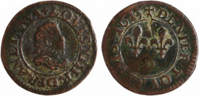 Louis XIII, denier tournois 2e type, 1613 Lyon
A/(à 12 h.) LOVIS. XIII. R. D. FRAN. ET. NAVA
Buste du Roi à droite, lauré et cuirassé, avec fraise
...