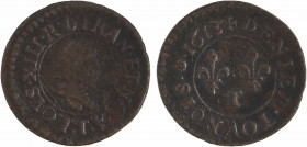 Louis XIII, denier tournois, variété TOVNOIS, 1613 Nantes
A/(à 6h.) LOYS. XIII. R. D. FRAN. ET. NAVA.
Petit buste enfantin du Roi à droite, lauré et...
