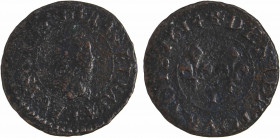 Louis XIII, denier tournois, 1614 Nantes
A/(à 6h.) LOYS. XIII. R. D. FRAN. ET. NAVA.
Petit buste enfantin du Roi à droite, lauré et cuirassé ; diffé...