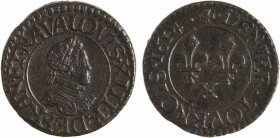 Louis XIII, denier tournois, 1614 Amiens
A/(à 12 h.) LOVIS. XIII. R. DE. FRAN. ET. NAVA
Buste à droite du Roi, lauré et cuirassé, avec un petit col ...