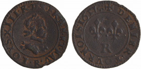 Louis XIII, denier tournois, 1617 Villeneuve-lès-Avignon
A/.LOYS. XIII. R. DE. FRAN. ET. NAV.
Buste enfantin du Roi à droite, lauré et cuirassé, ave...